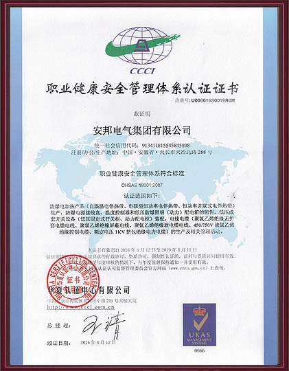 职业健康安全管理体系认证证书中文版