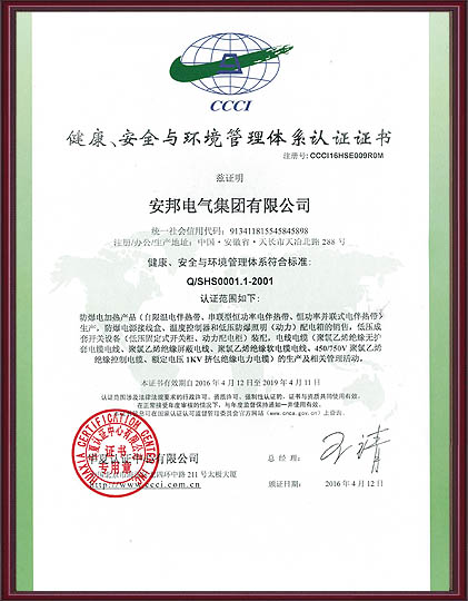 健康、安全与环境管理体系认证证书中文版